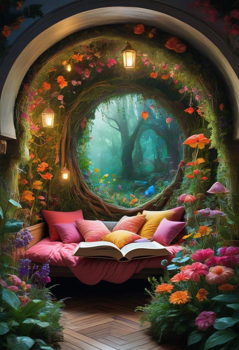 A whimsical and enchanting landscape featuring a lush forest filled with vibrant, oversized flowers and fantastical creatures engaging in playful activities. In the foreground, a cozy nook with an open book showcasing artistic illustrations of mature themes, inviting the viewer to explore. Soft, mystical lighting adds an ethereal quality, while subtle hints of adult fantasy elements weave into the scenery. surrealism. vibrant colors. dreamy atmosphere.