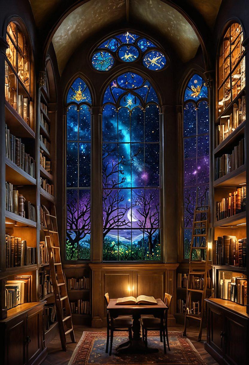 A mystical library filled with towering bookshelves, where glowing enchanted books float in the air, casting soft light. In the foreground, a diverse group of adults of different ethnicities and ages, deeply engaged in reading captivating fantasy novels, with whimsical fantasy creatures peeking from behind the shelves. The background features a starry night sky visible through large stained-glass windows. painting. vibrant colors. magical atmosphere.